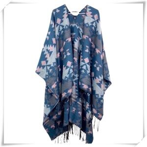 WESTERN Aztec Stripe Knitted Bracket Poncho Coat in Teal Blue